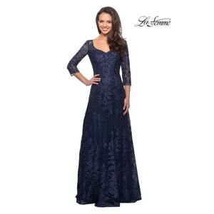 La Femme Navy Blue Lace Prom Dress